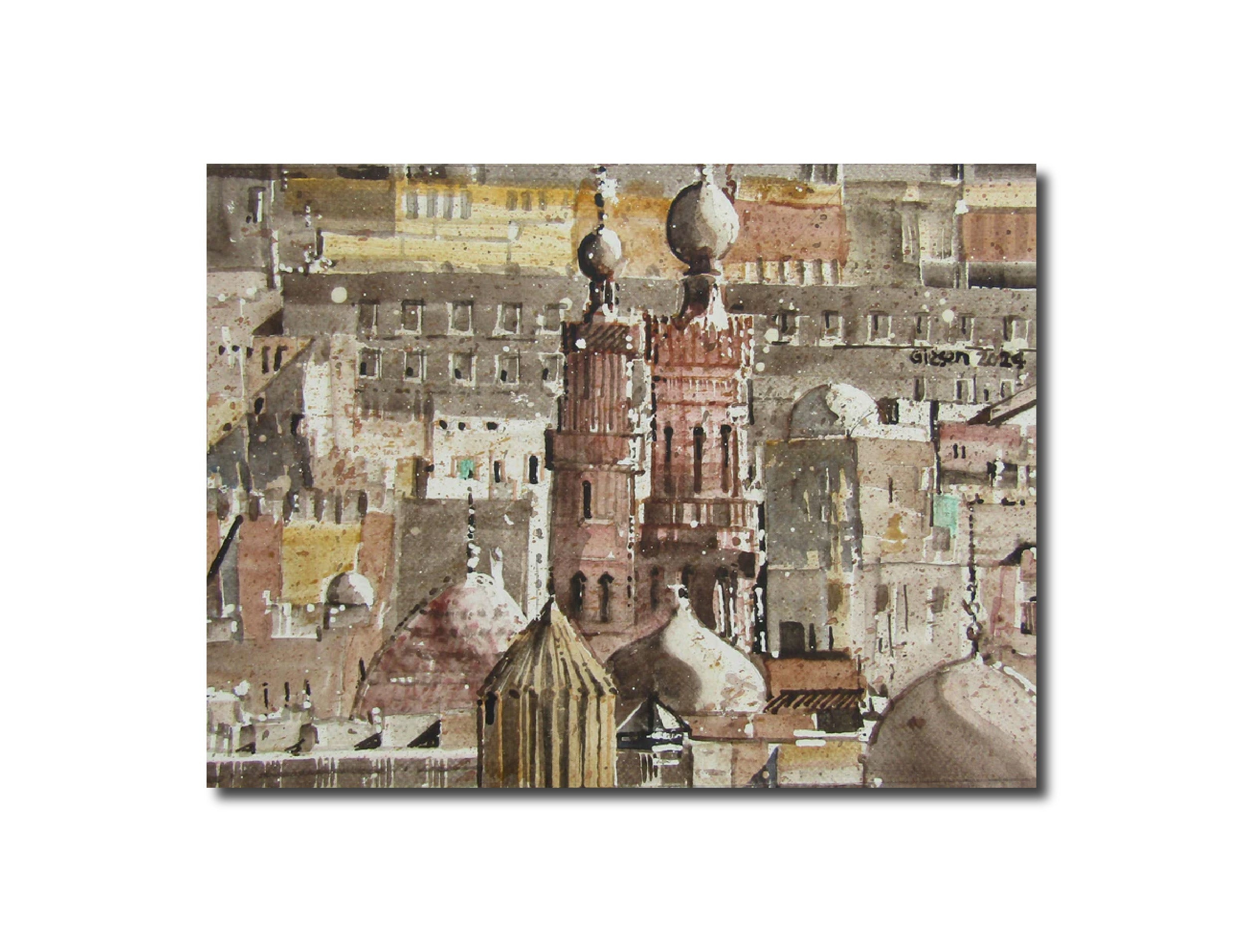 cityscape watercolor Cairo Minarets 22 x 31 cm Martin Giesen