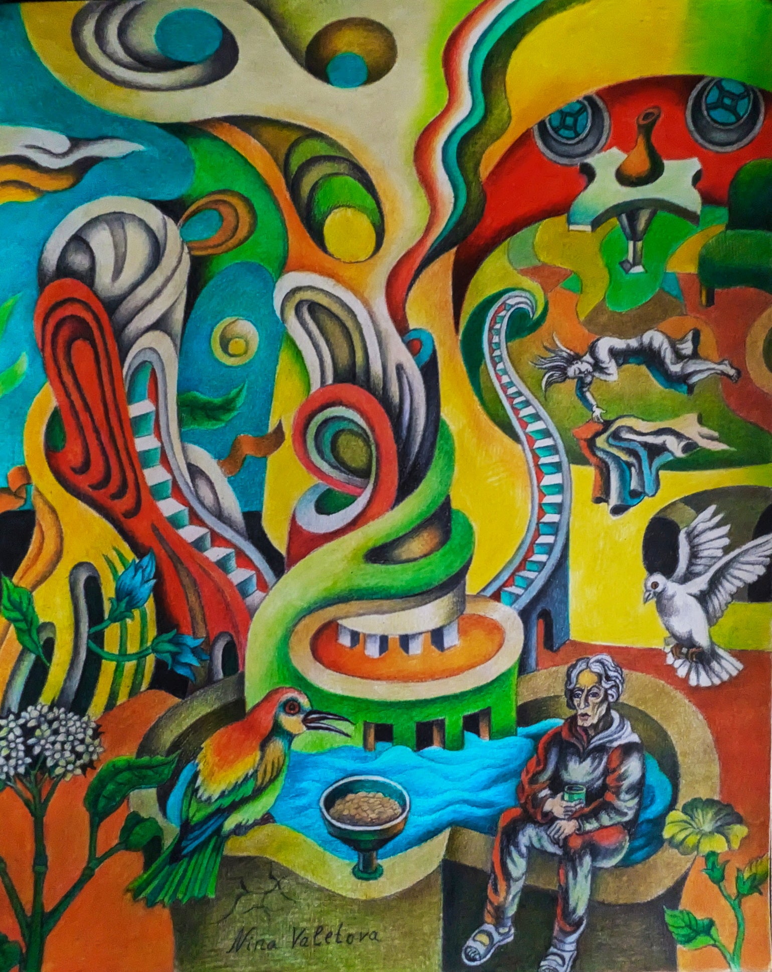Pencil 'CONVERSATION WITH BIRDS' - Colored Pencil on Paper Nina Valetova