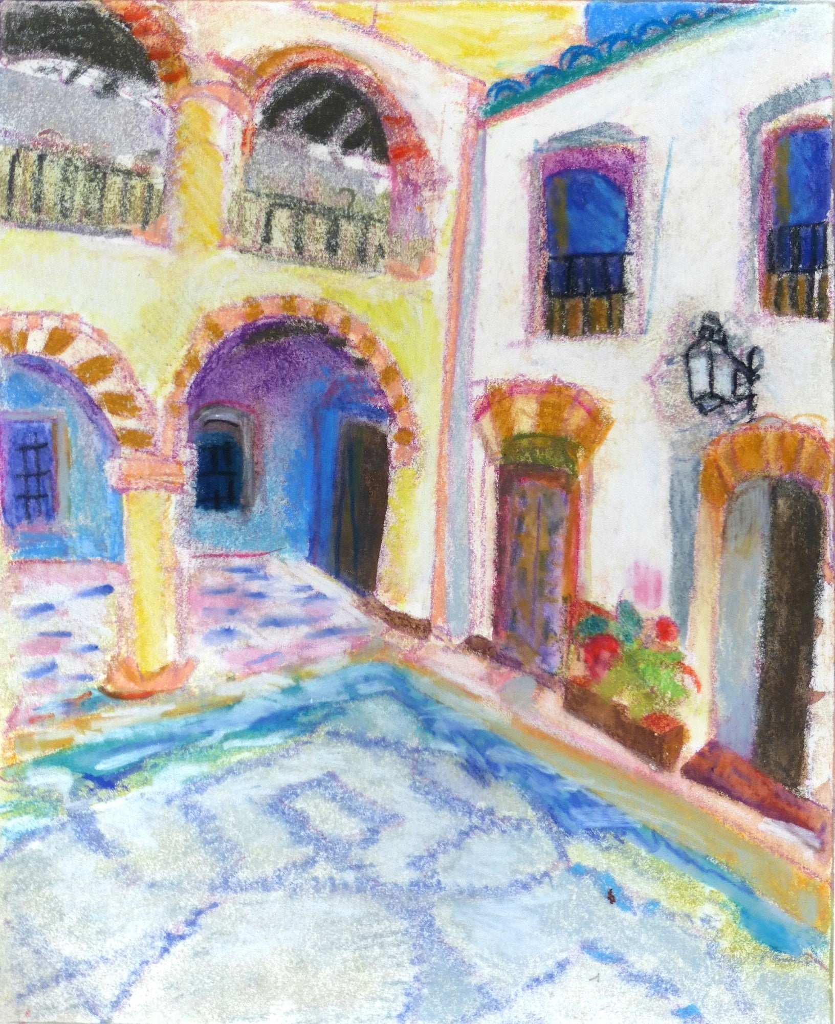 'COURTYARD WITH BLUE MOSAICS' - Handmade Original Monoprint with Watercolor and Pencil