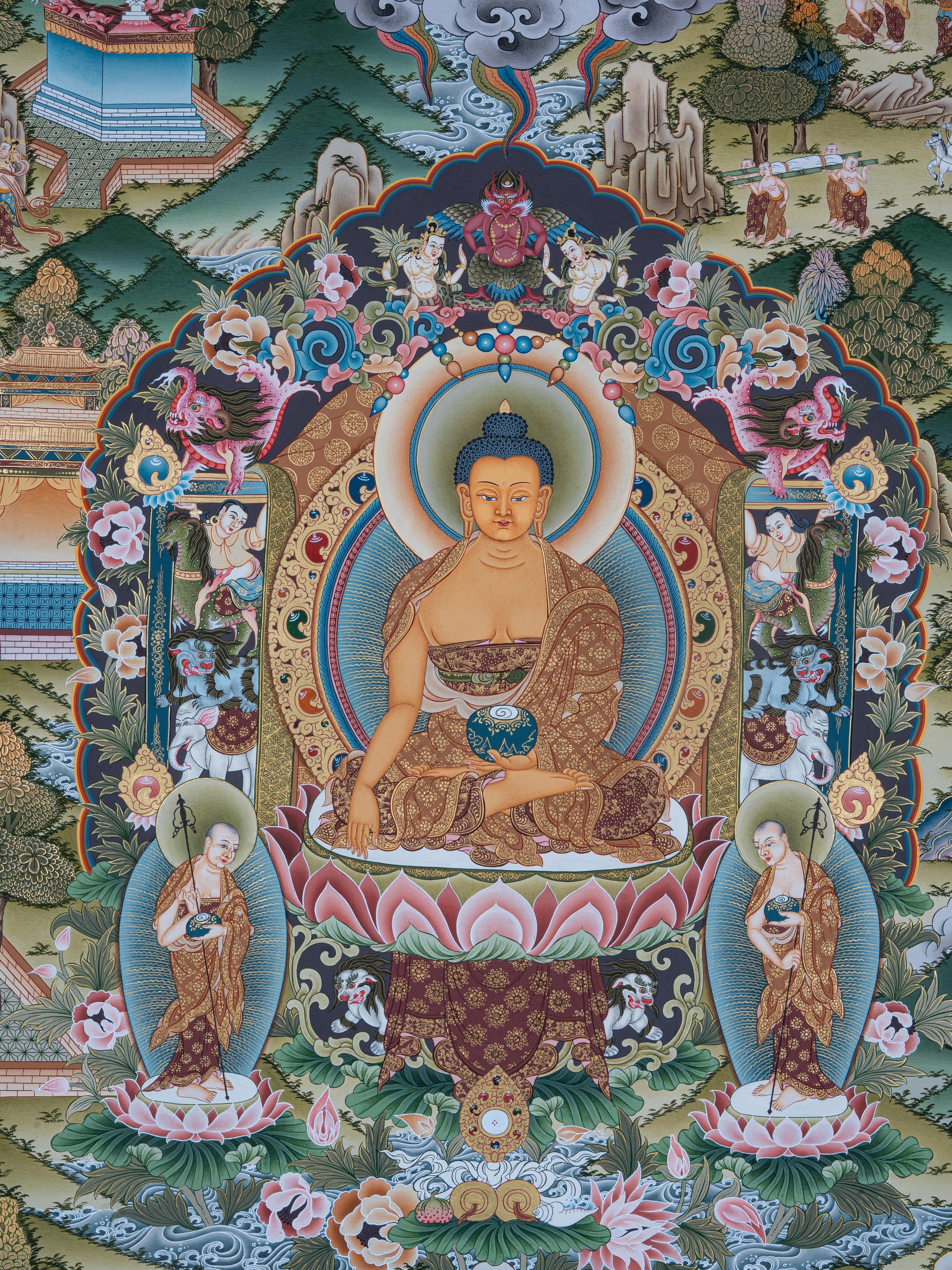 Design Figurative Painting Psychedelic Thanka Visionary 'LIFE OF BUDDHA' Boudha Stupa Thanka Center