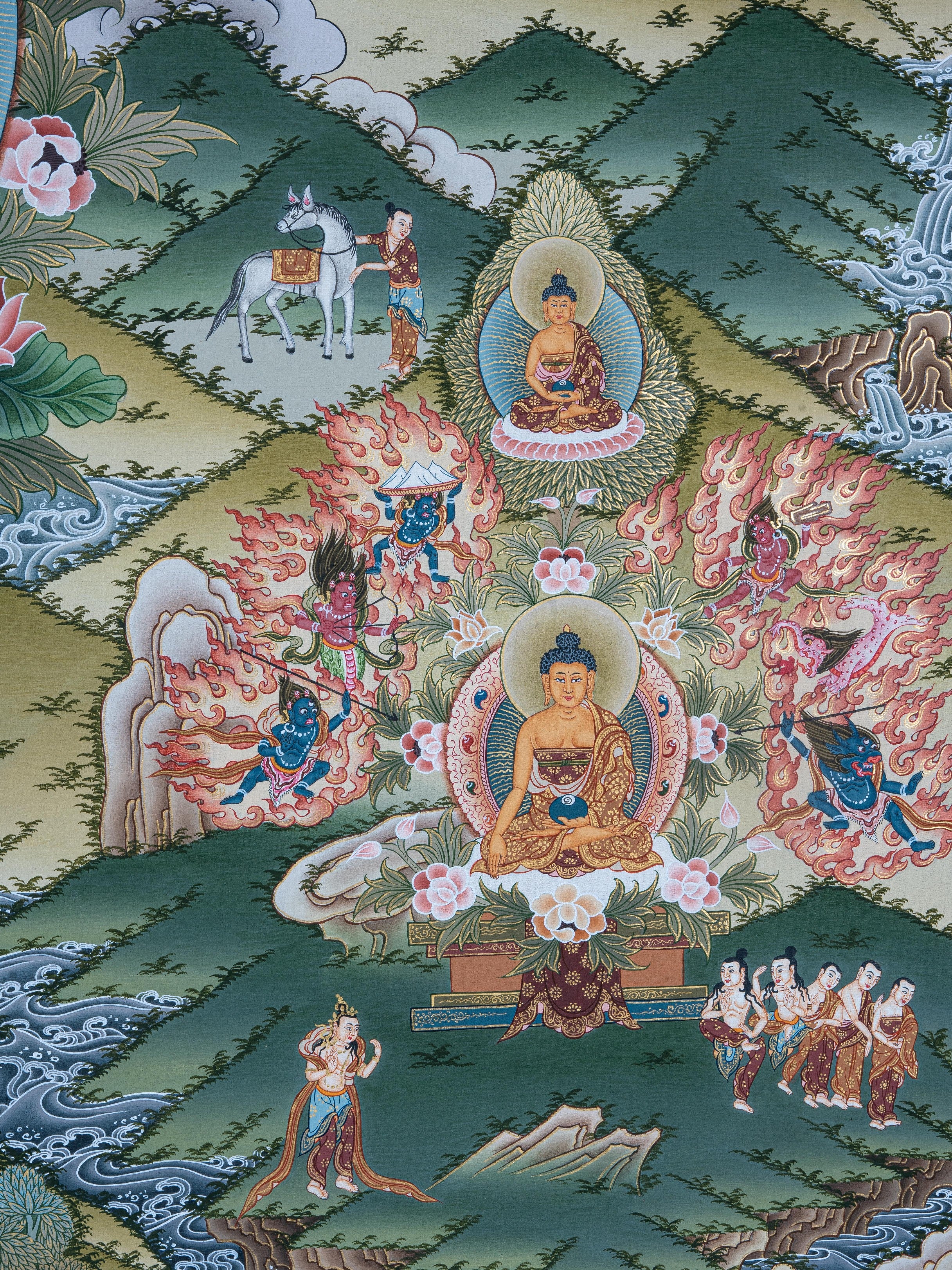 Design Figurative Painting Psychedelic Thanka Visionary 'LIFE OF BUDDHA' Boudha Stupa Thanka Center