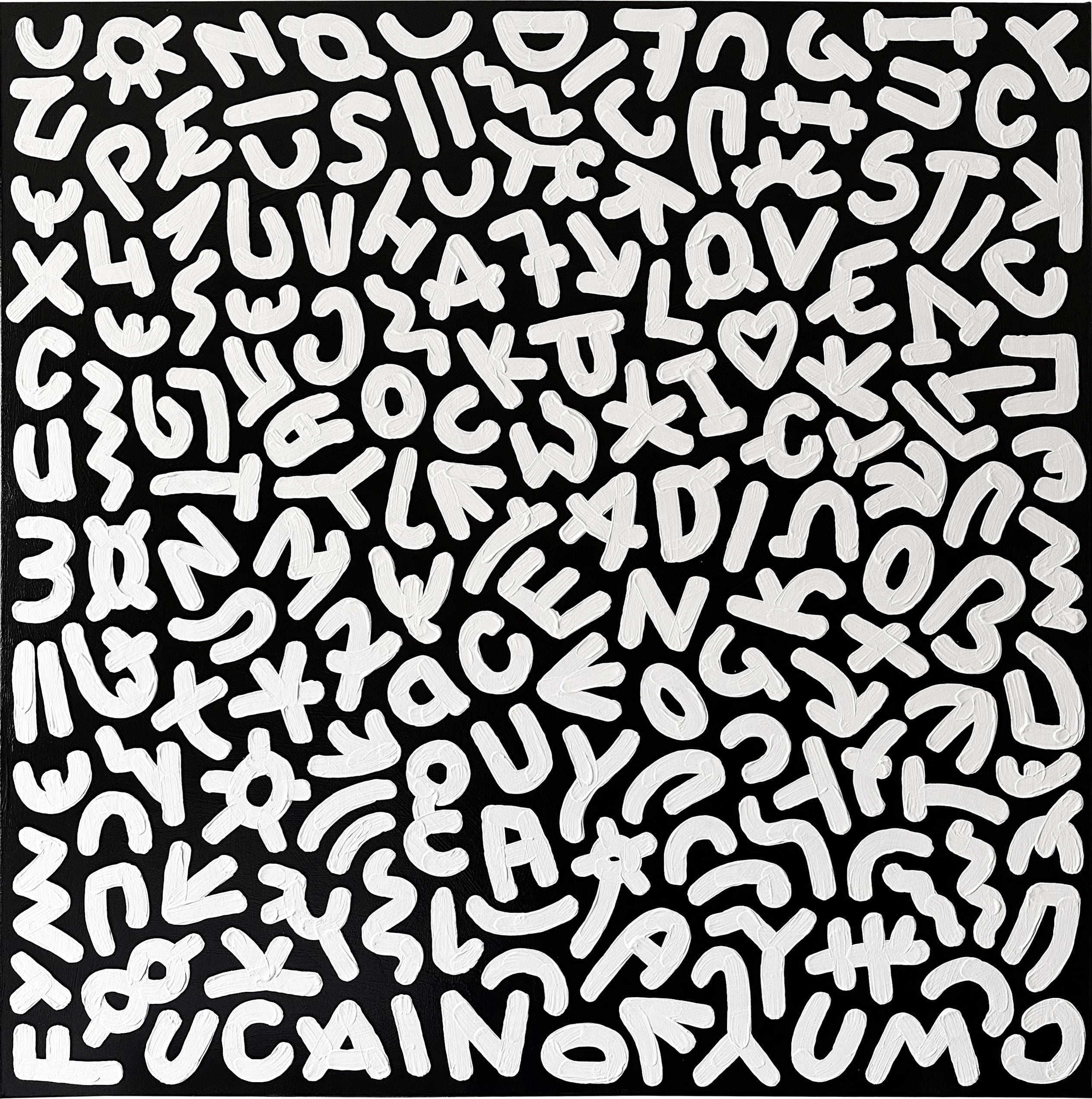 Abstract black Contemporary explicit letters monochromatic white 'DICK PIC' - Acrylic on Canvas Oliver Cain