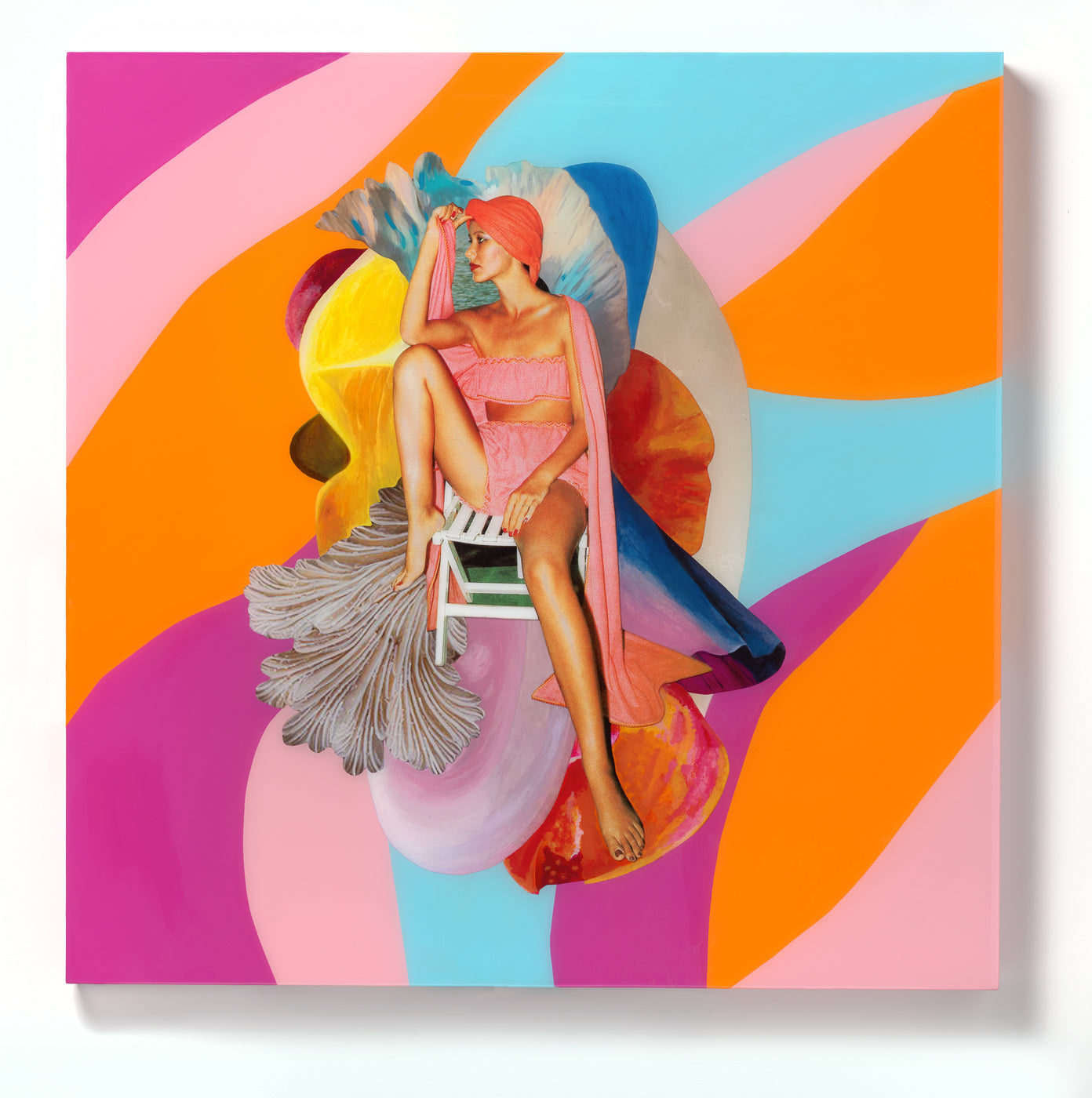 'FINS LIKE PETALS' - Acrylic paint, analog collage, and resin on custom wooden panel