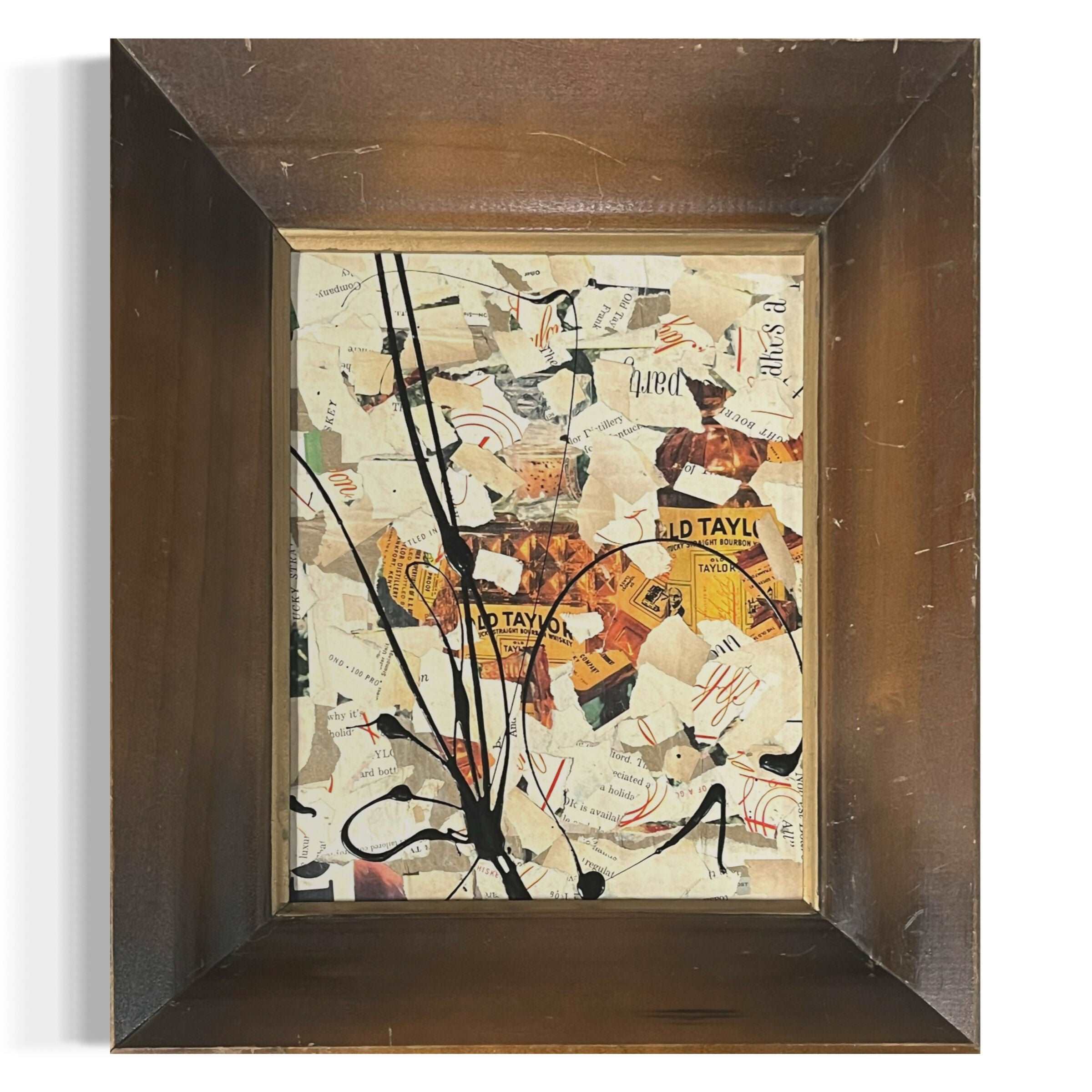 Abstract Collage Contemporary Mixed Media Painting "1952 Old Taylor Whiskey Ad" Original Framed Mixed Media Abstract Art Collage 12x14 Sam Lewis