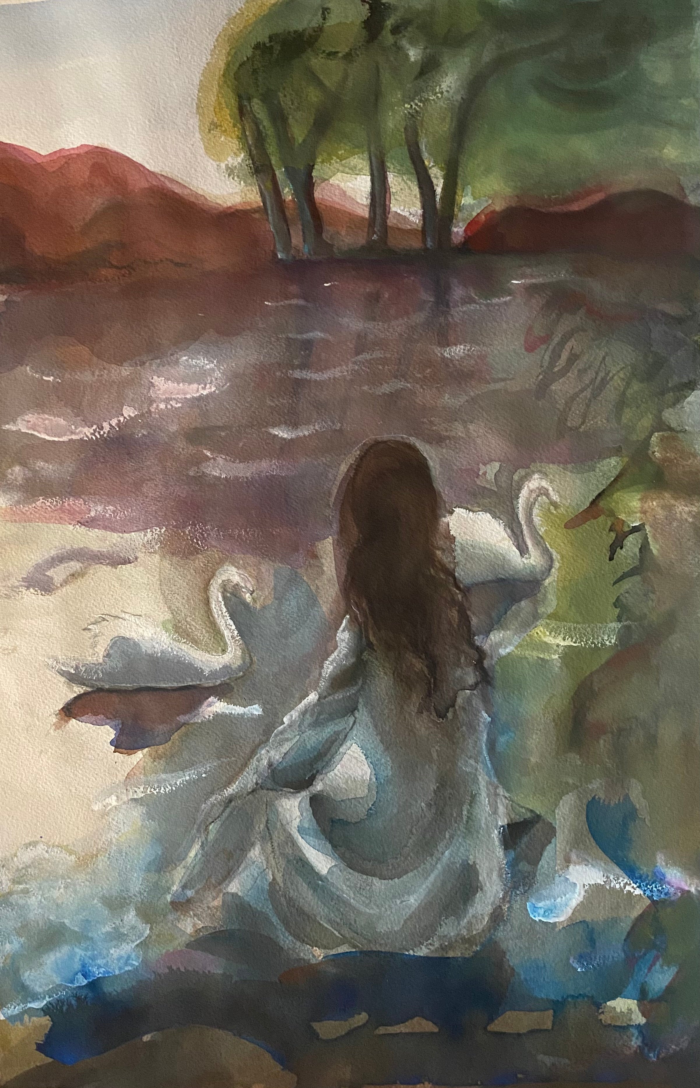 Watercolor 'WOMAN AND SWANS' - Watercolour on Arches paper David Abelson