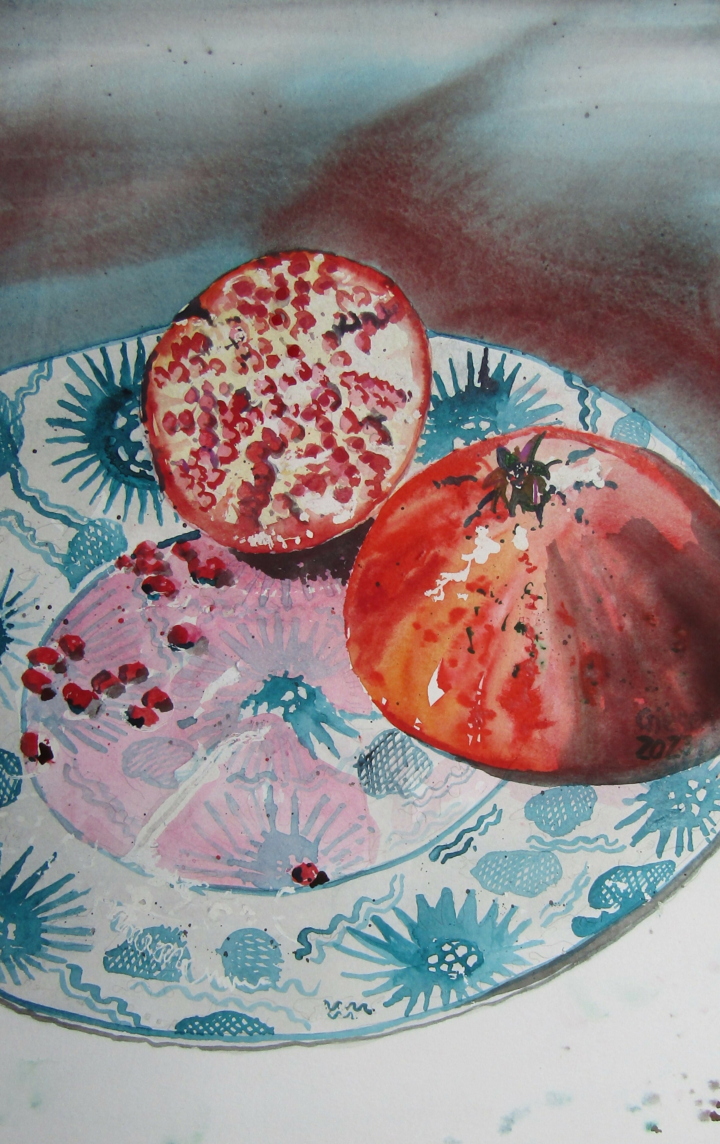 Watercolor Pomegranate with Chinese Plate 46 x 29 cm Martin Giesen