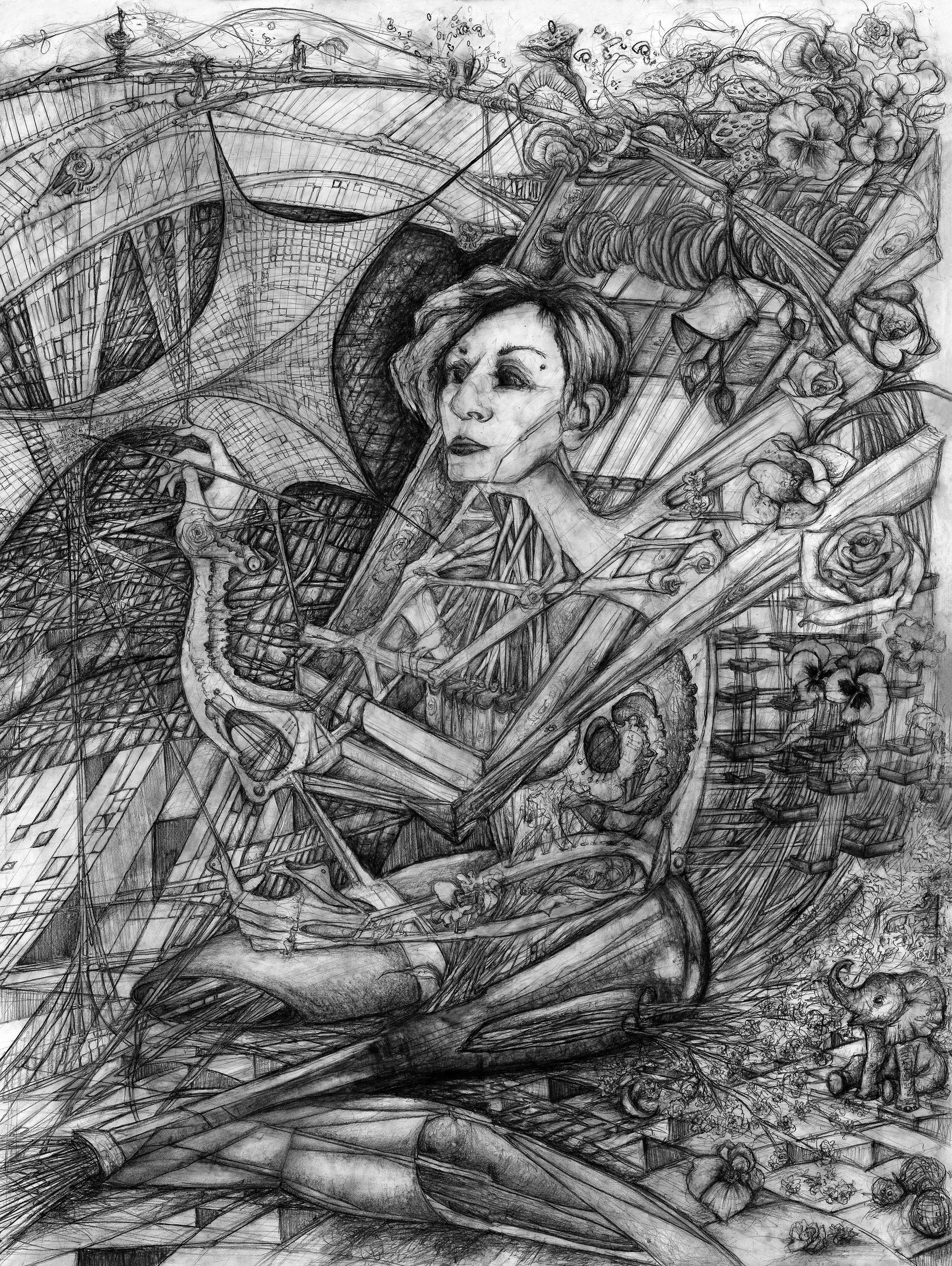 Contemporary Drawing Figurative Surrealism 'LIVING ROOMS: MAMA'S HOUSE' - Graphite on Paper, Printed and Stretched on Canvas Milan DelVecchio