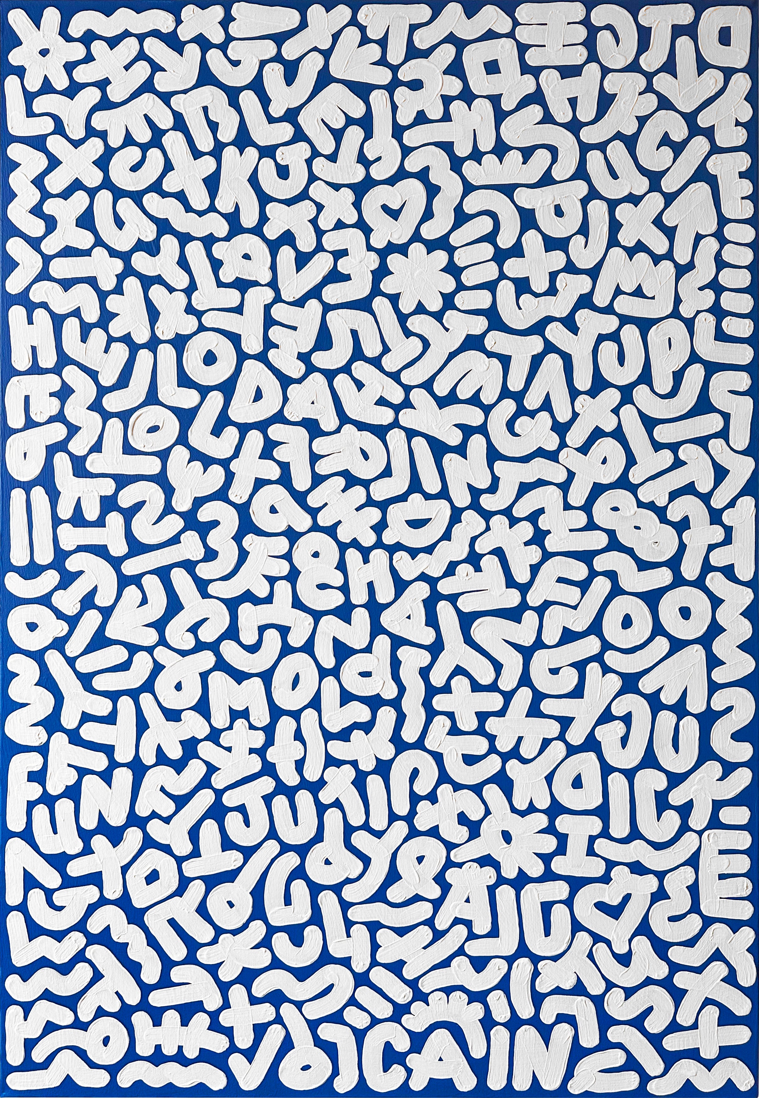 Abstract Acrylic blue Contemporary letters white 'MONDAY JUDY' - Acrylic on Canvas Oliver Cain