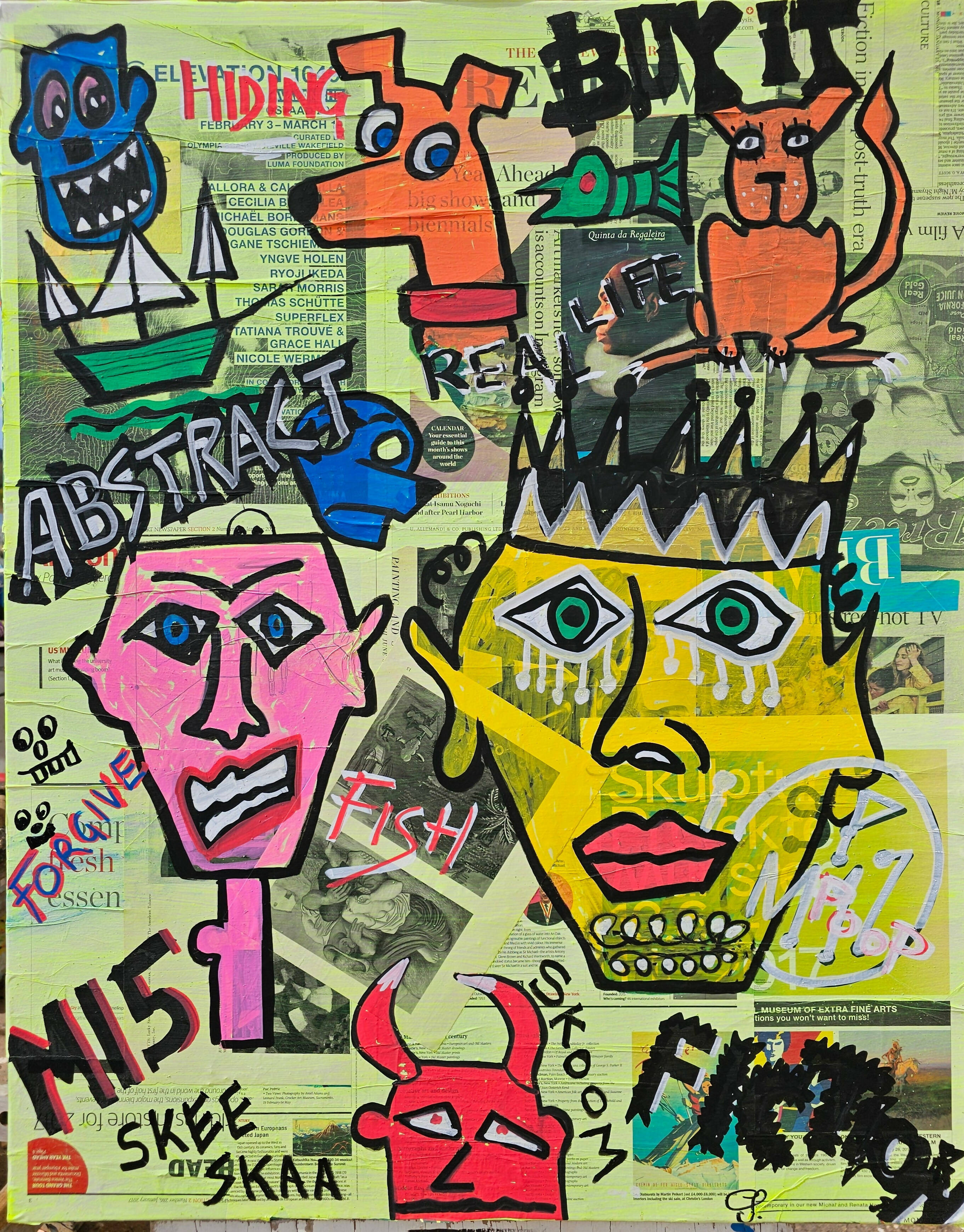 Abstract 'BUY IT' - Collage Clippings Acrylic Markers on canvas Christopher Stone