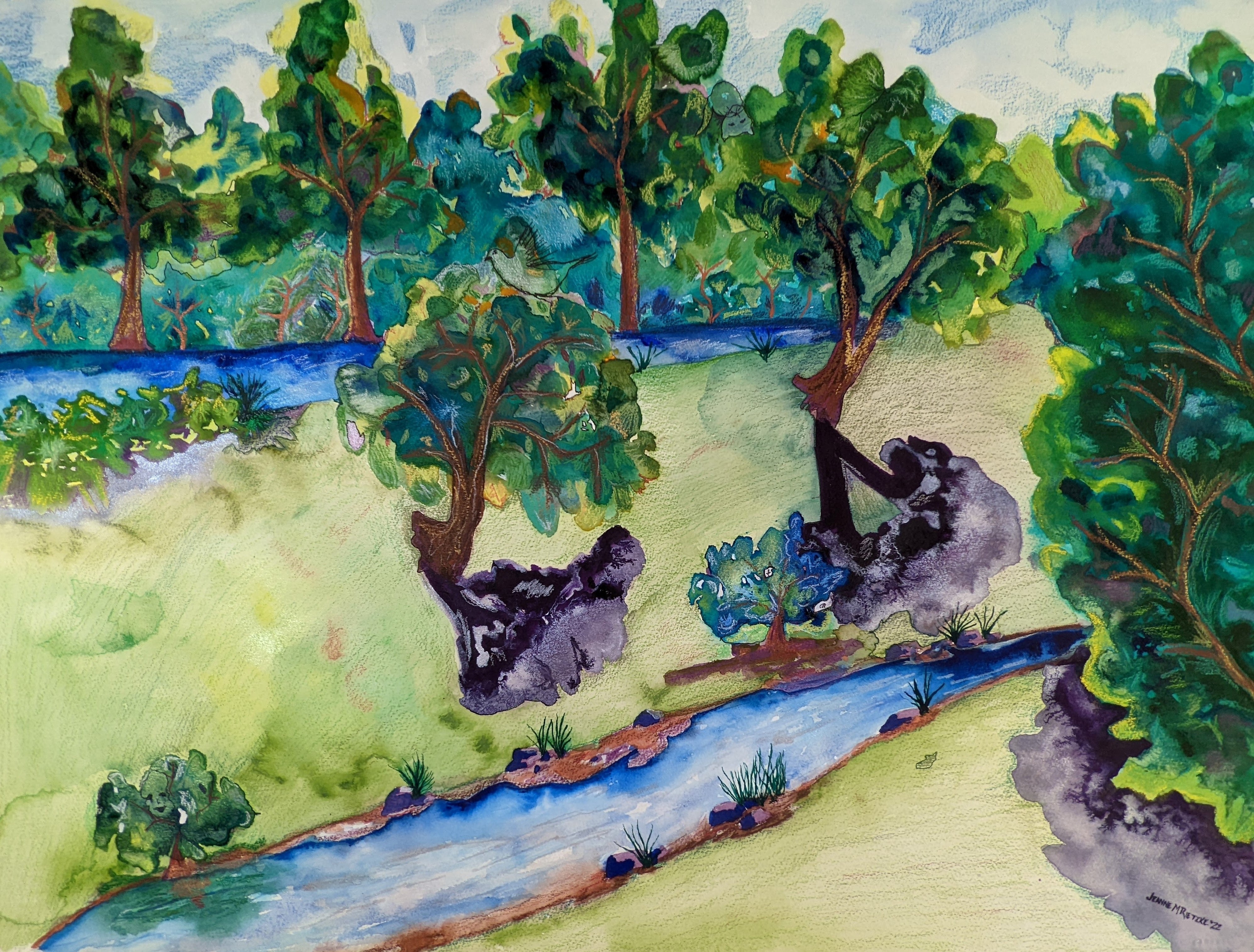 Abstract Contemporary Landscape Pencil Watercolor 'PEACE AND AN UPSIDE DOWN CAT' Jeanne McIntosh Rietzke