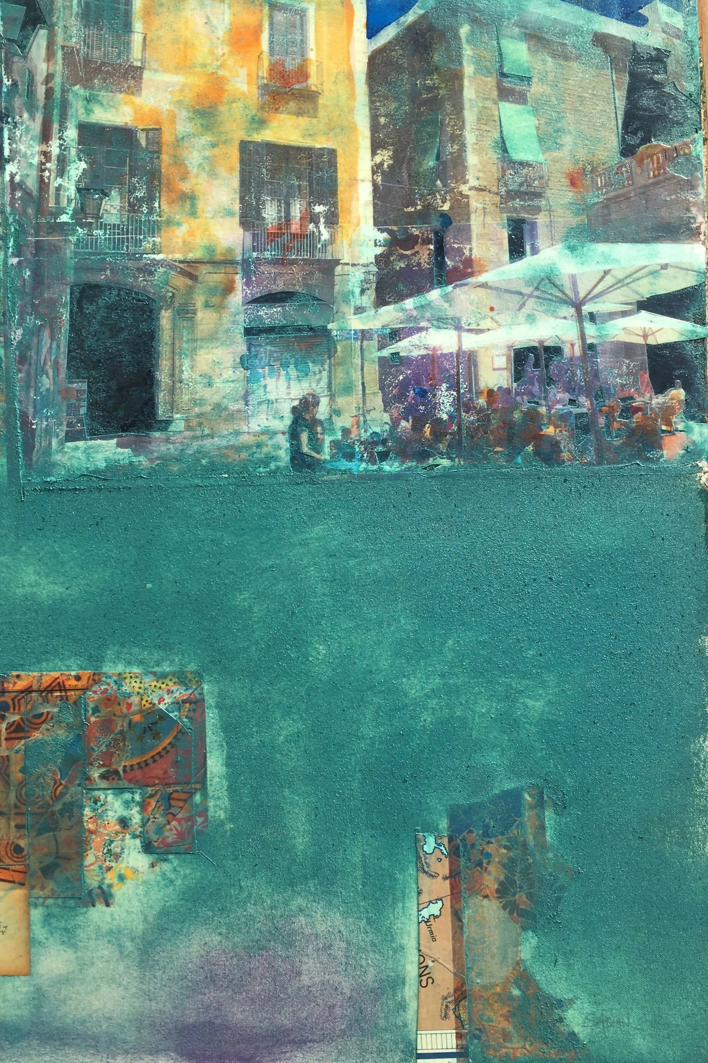 Acrylic Cityscape Collage Dig ital Oil Summer in Barcelona Paul Sabyan