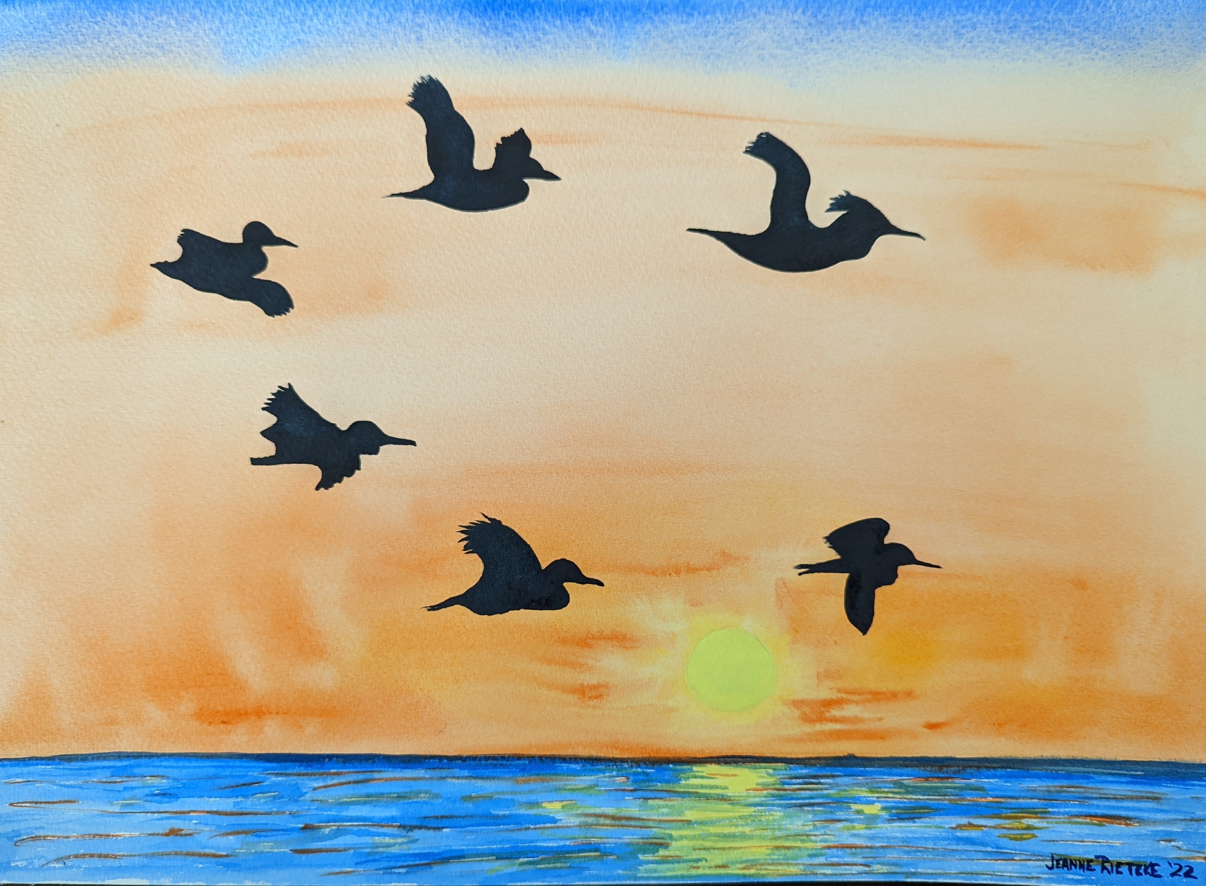 Contemporary Painting Watercolor 'SUNSET FLIGHT II' - Matted and Framed in White Jeanne McIntosh Rietzke