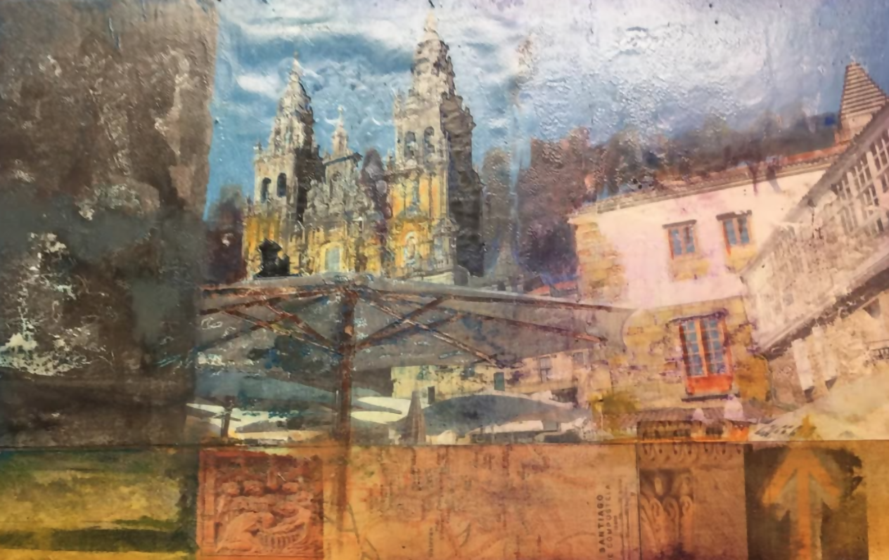 Acrylic Cityscape Collage Dig ital Mixed Media Oil Camino De Santiago Paul Sabyan