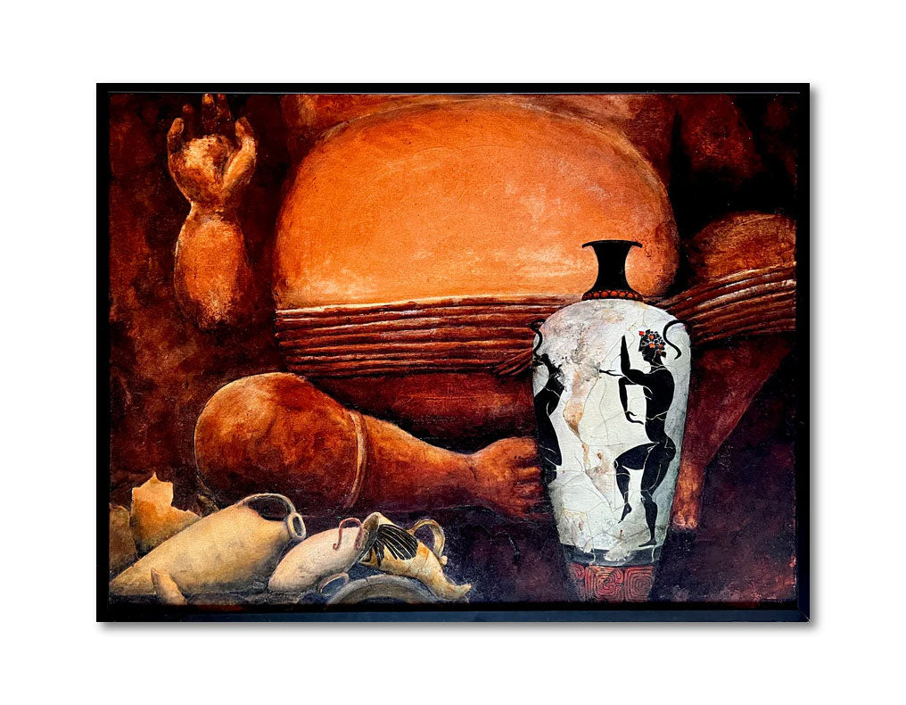 'WHITE VESSEL WITH DANCING FIGURES' - Framed, Oil on Canvas