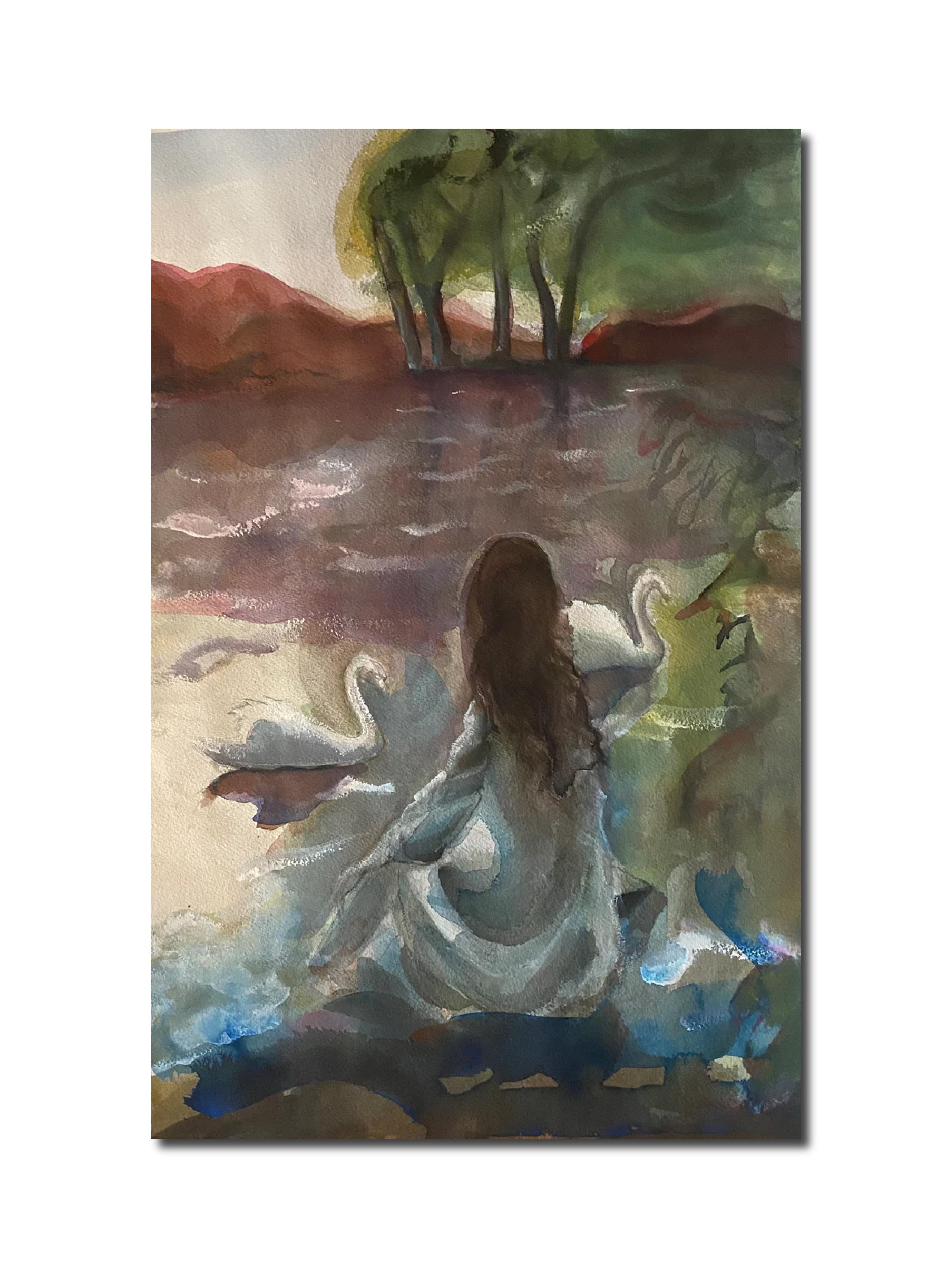 Watercolor 'WOMAN AND SWANS' - Watercolour on Arches paper David Abelson