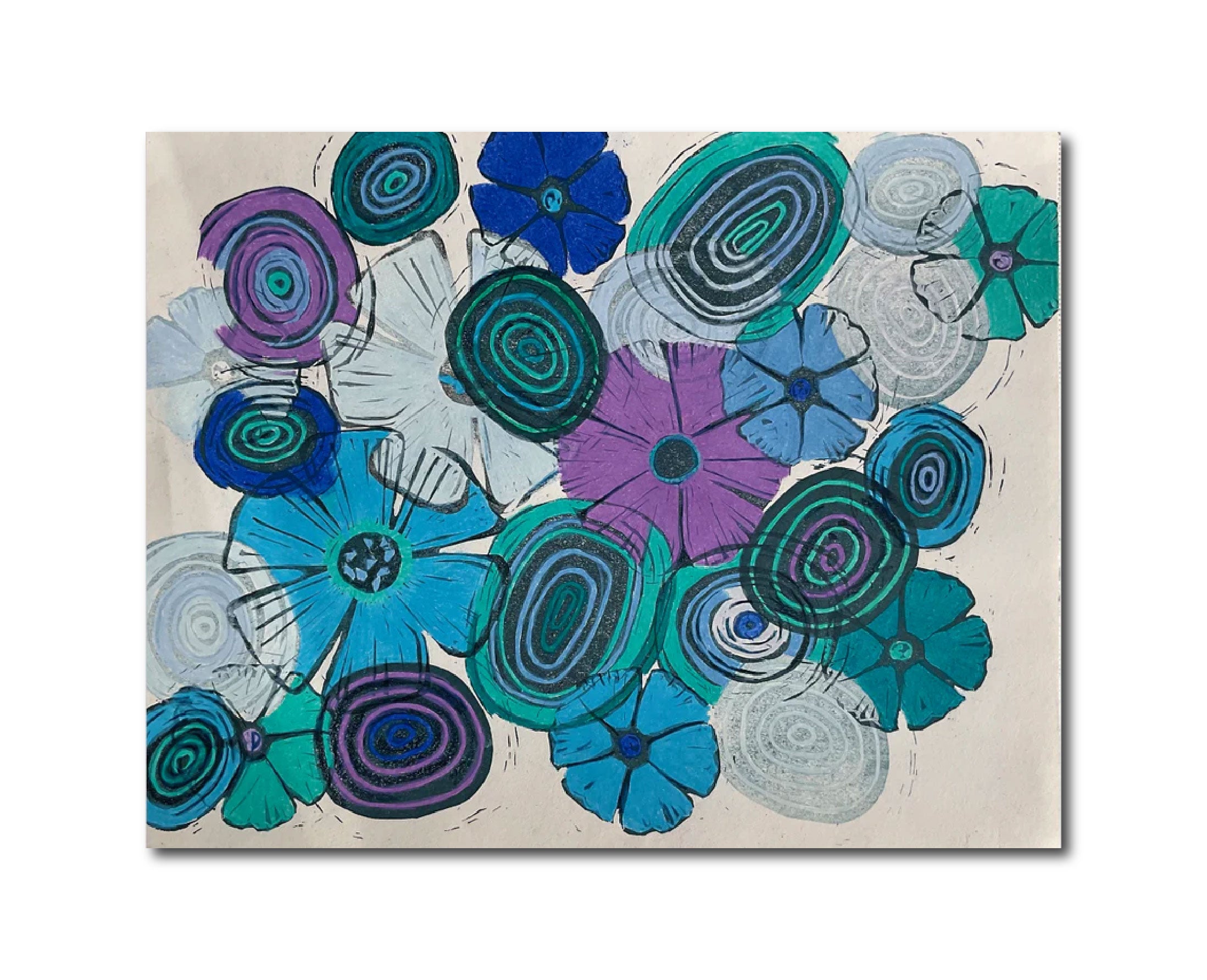 Contemporary 'BLUE BLOOM' - Print and Color Pencil Linda Gelbard