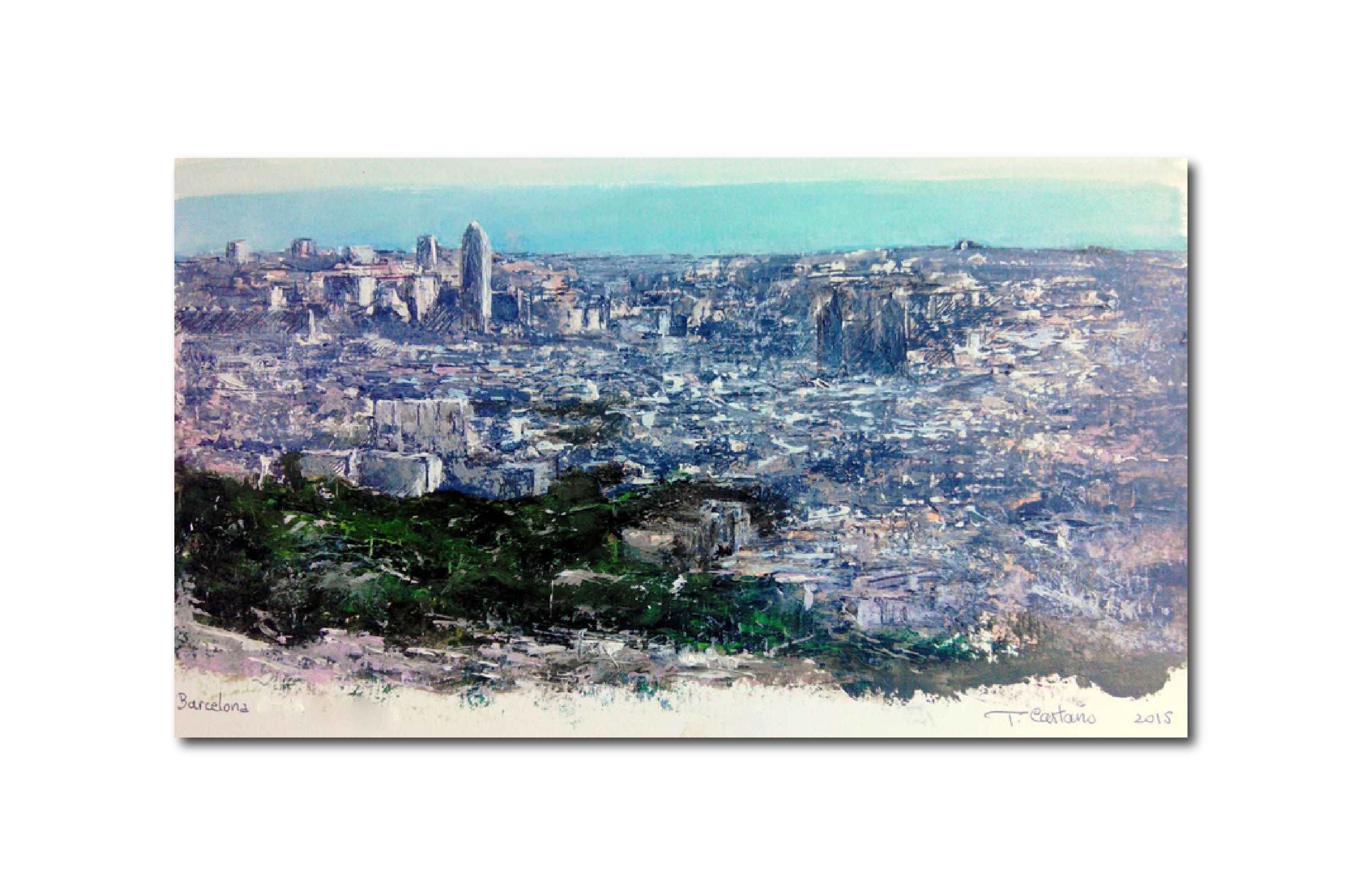 Figurative Oil Painting 'BARCELONA FROM TIBIDABO' - Oil on paper Tomas Castano