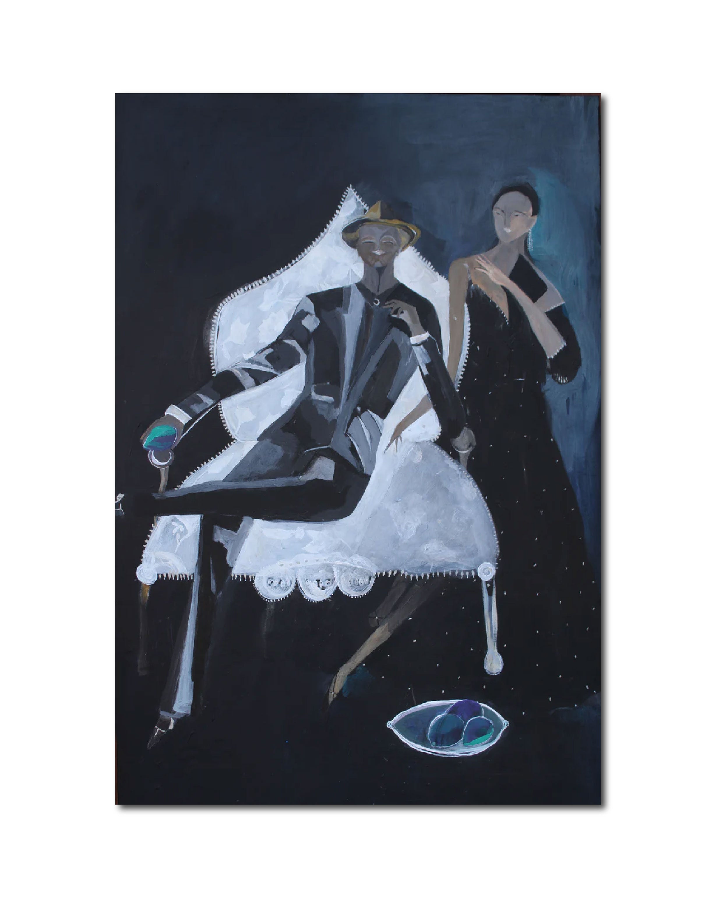 Acrylic 'WHITE CHAIR, BLACK DRESS, AND A PLUM' - Acrylic on Board Marcia Biasiello