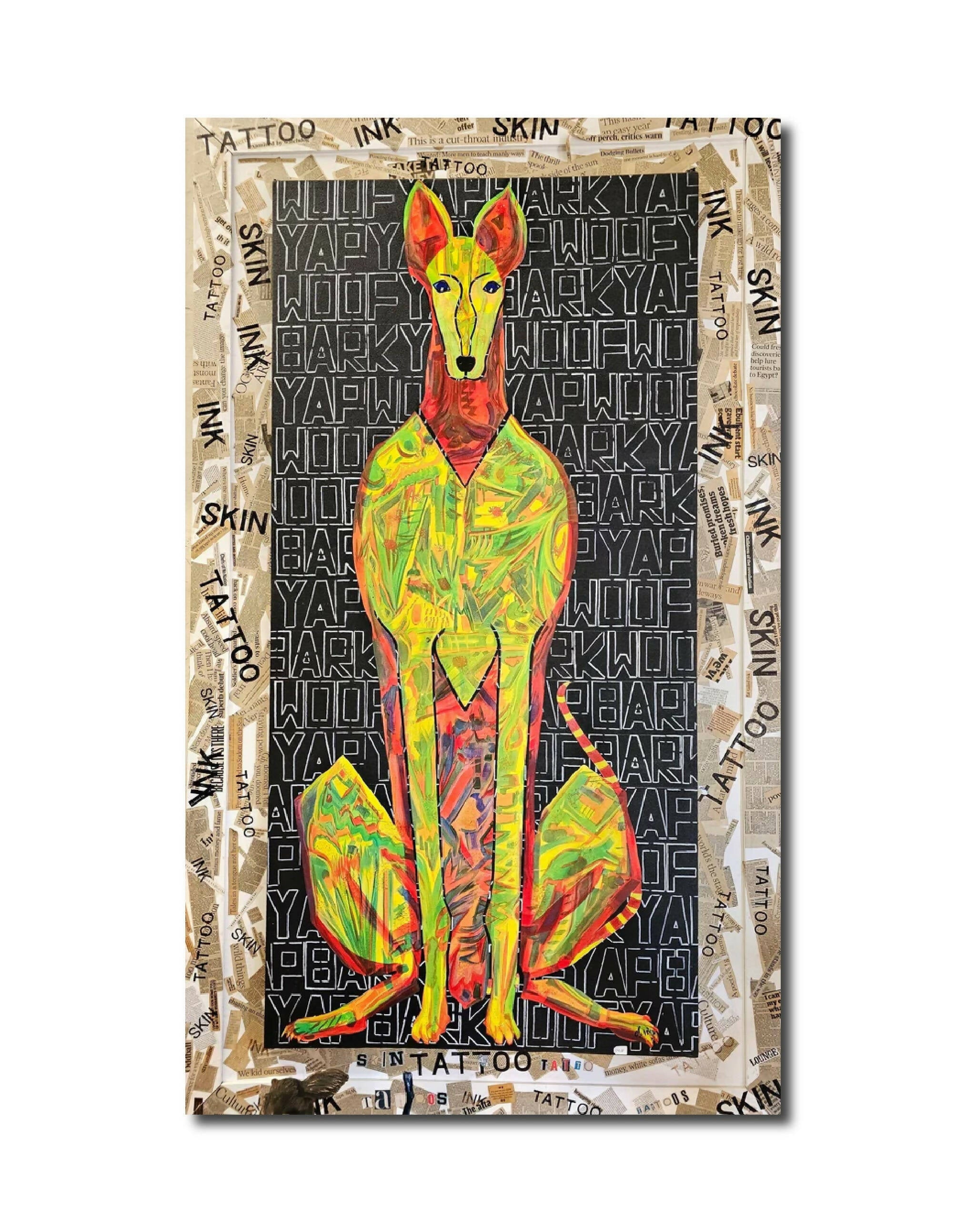 Mixed Media 'TATTOO DOG' - Collage, Acrylic on Canvas Christopher Stone