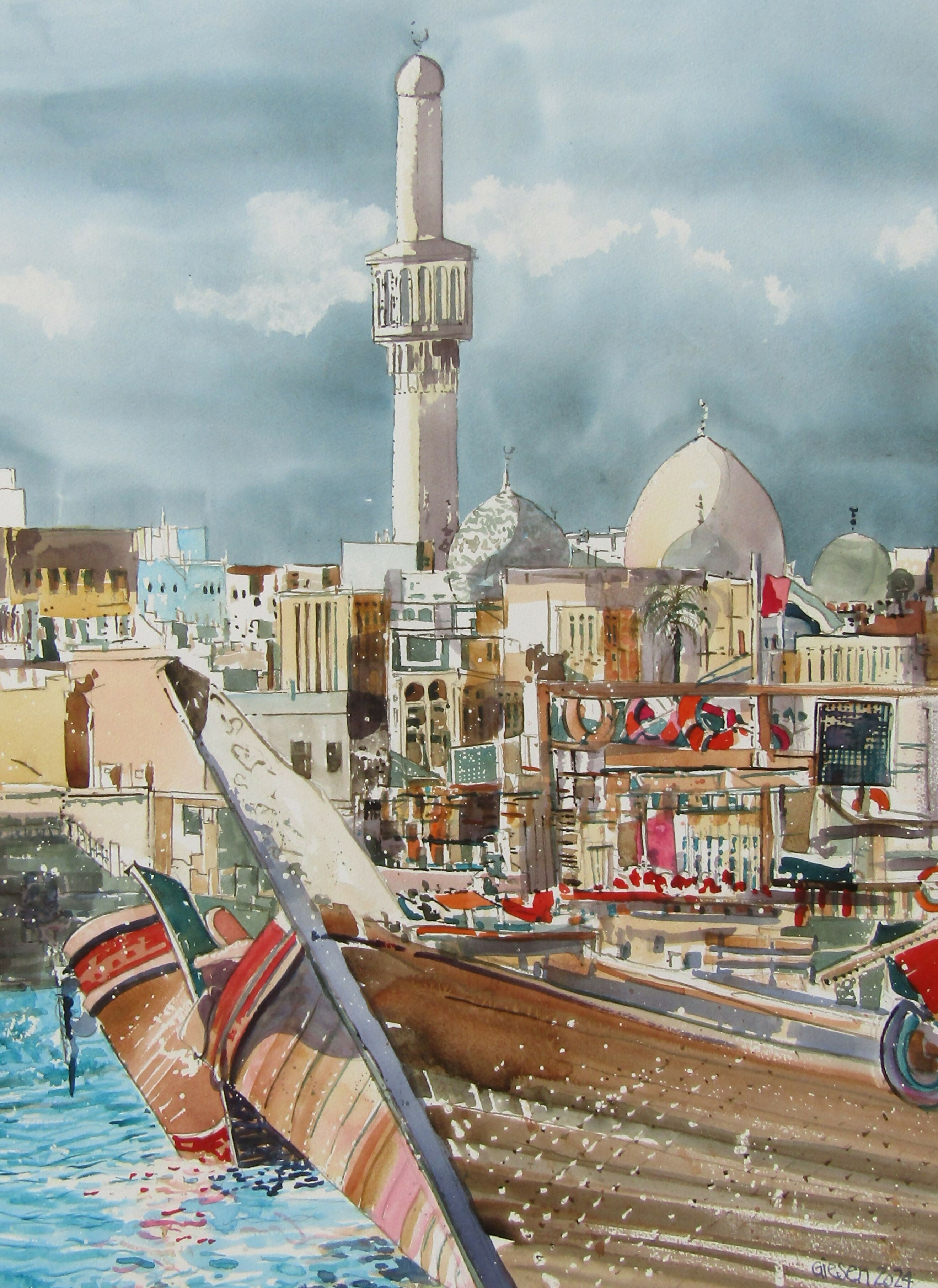 Watercolor Bur Dubai Waterfront, 71 x 51 cm Martin Giesen