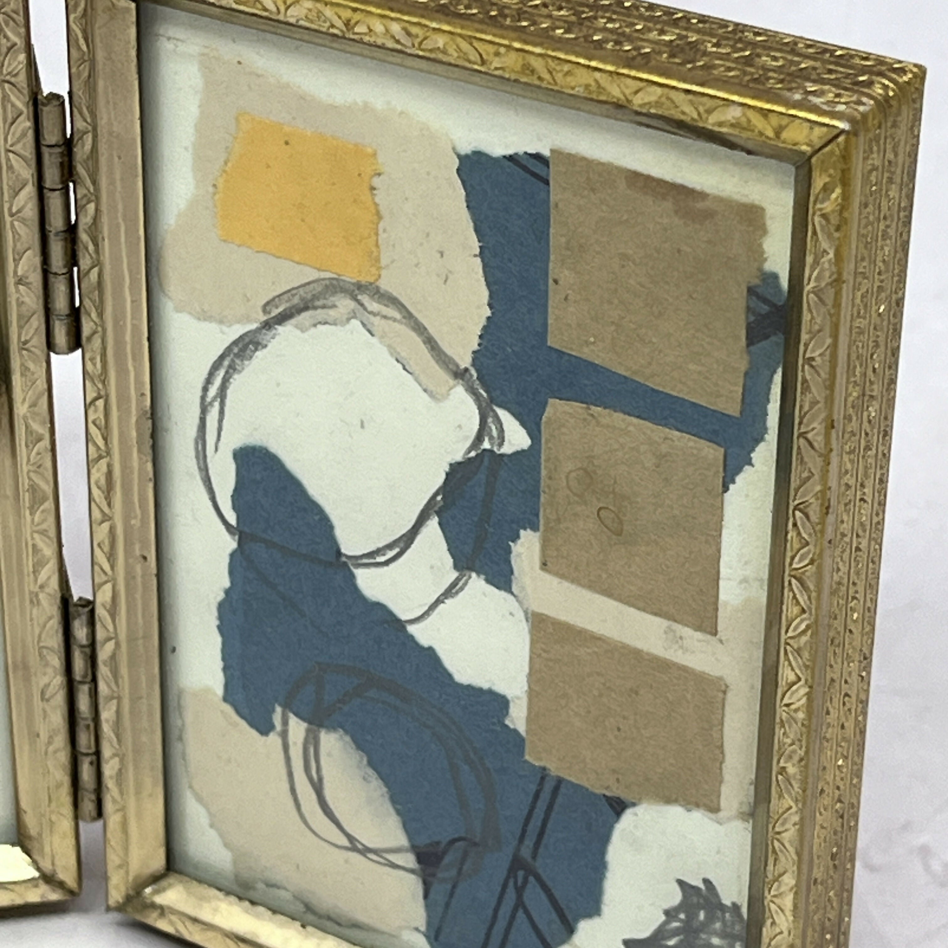 Abstract Collage Contemporary Mixed Media Painting Original Framed Mixed Media Art Collage Mini 3.5x8 "Navy Construct VI" SF3 Sam Lewis