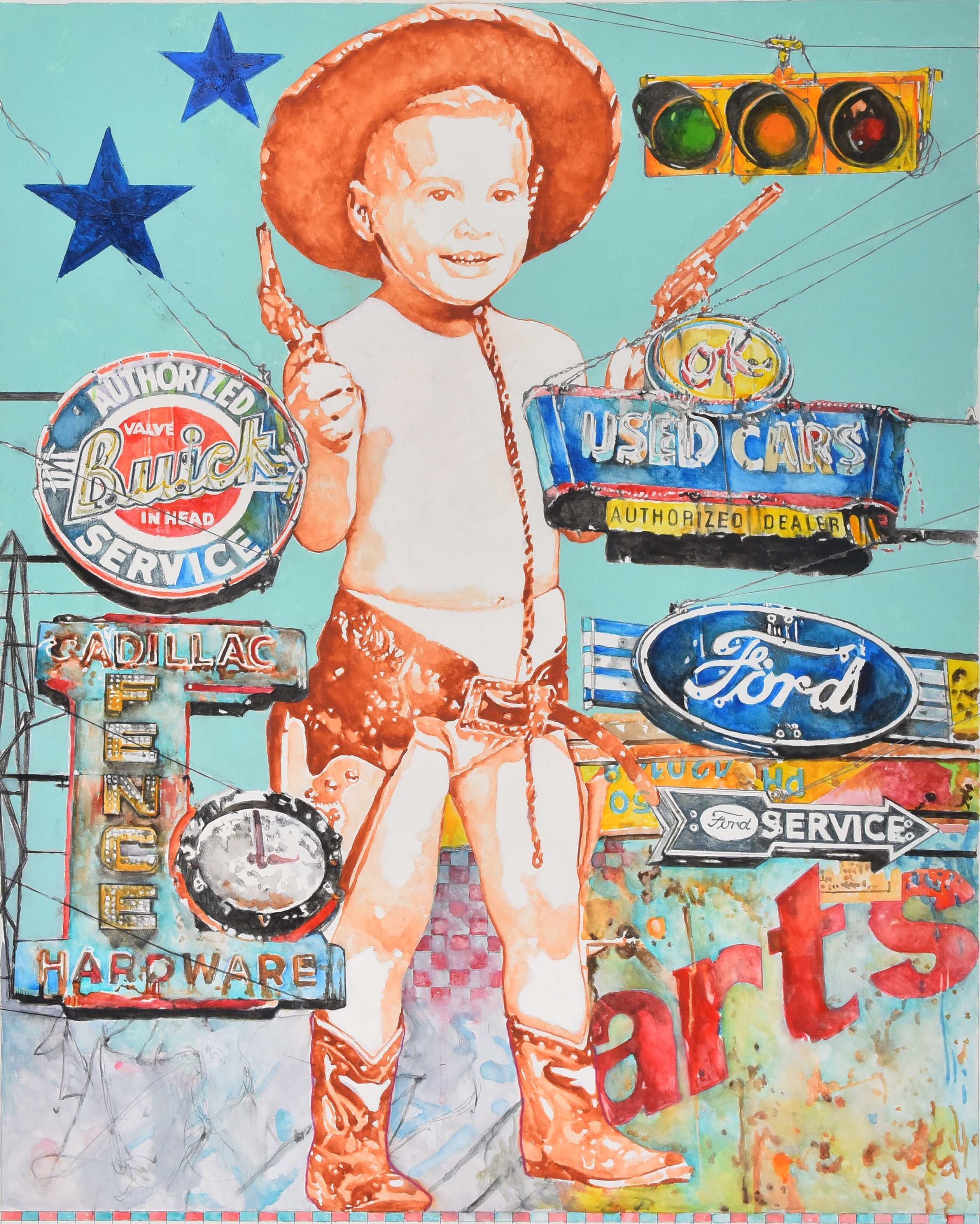 Fantasy Whimsy 'INNER CHILD: SHOPS FOR USED CARS' - Watercolor and Gouache James B. Hartel