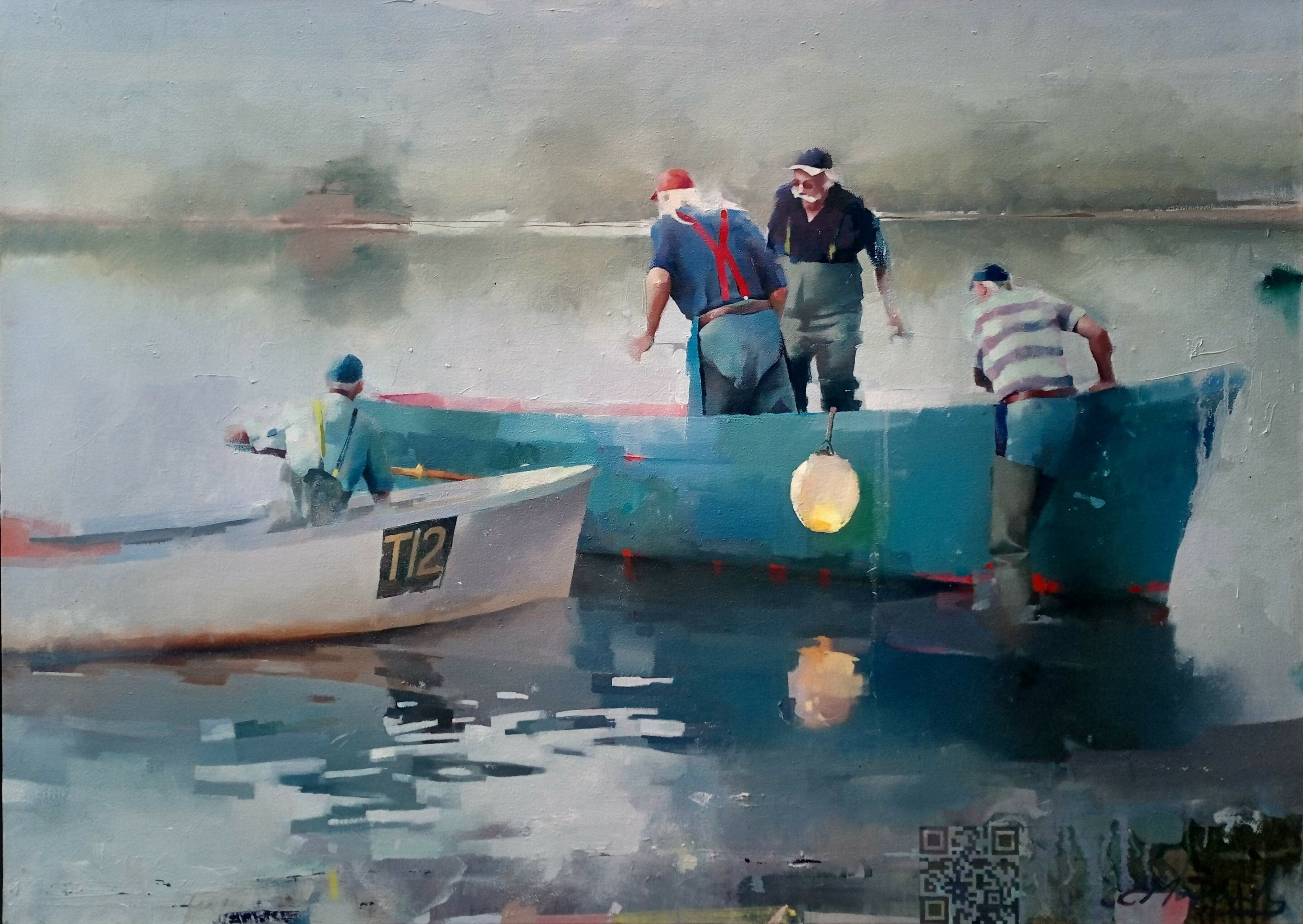 Art Figurative Landscape Oil Painting Seascape Fishing the Teign Estuary Chris Macauley