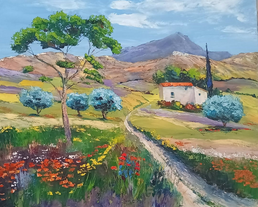 Art Expressionist Landscape Oil Painting On the way to the Sainte Victoire mountain in Provence DEGABRIEL Véronique