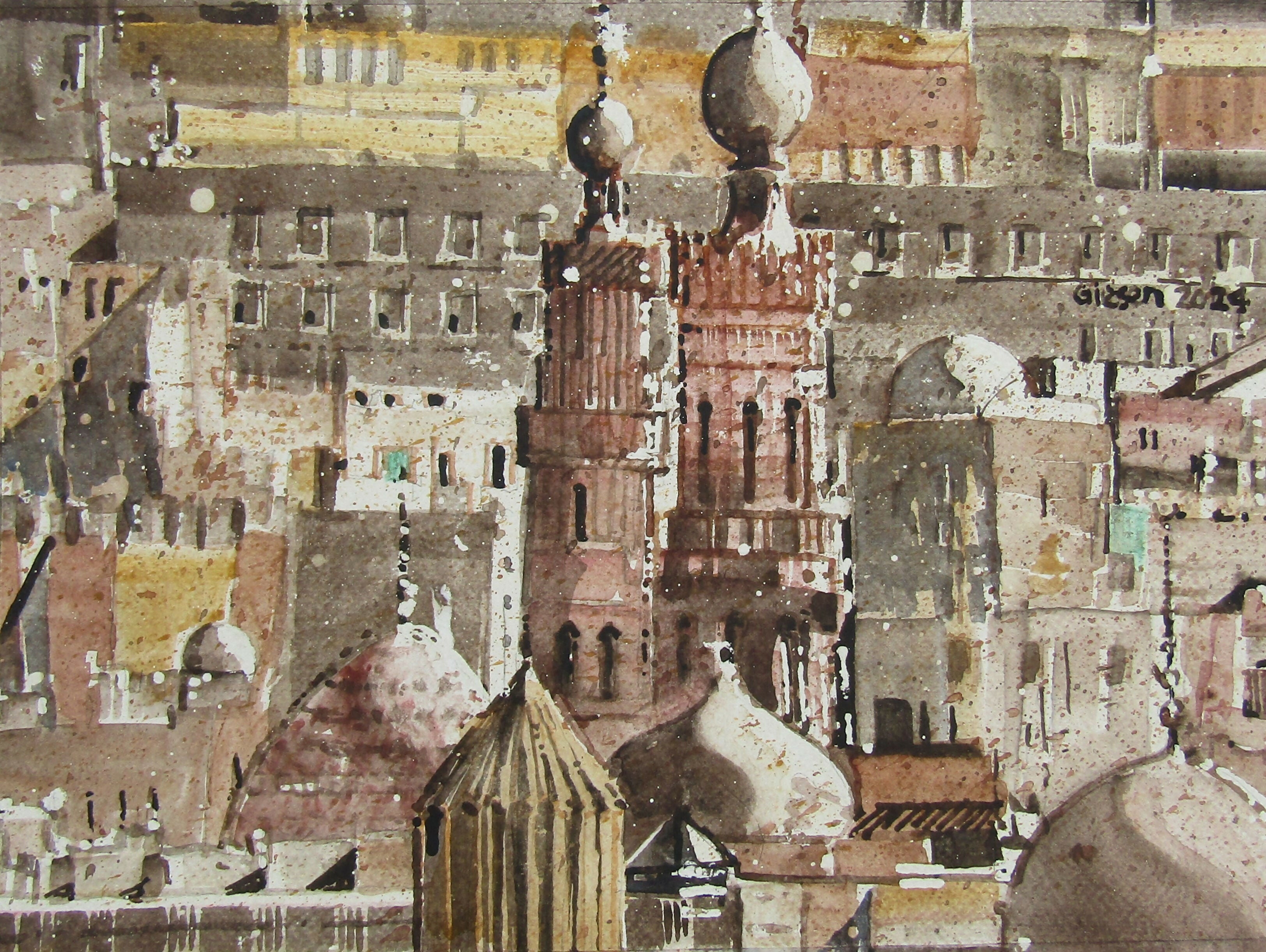 cityscape watercolor Cairo Minarets 22 x 31 cm Martin Giesen