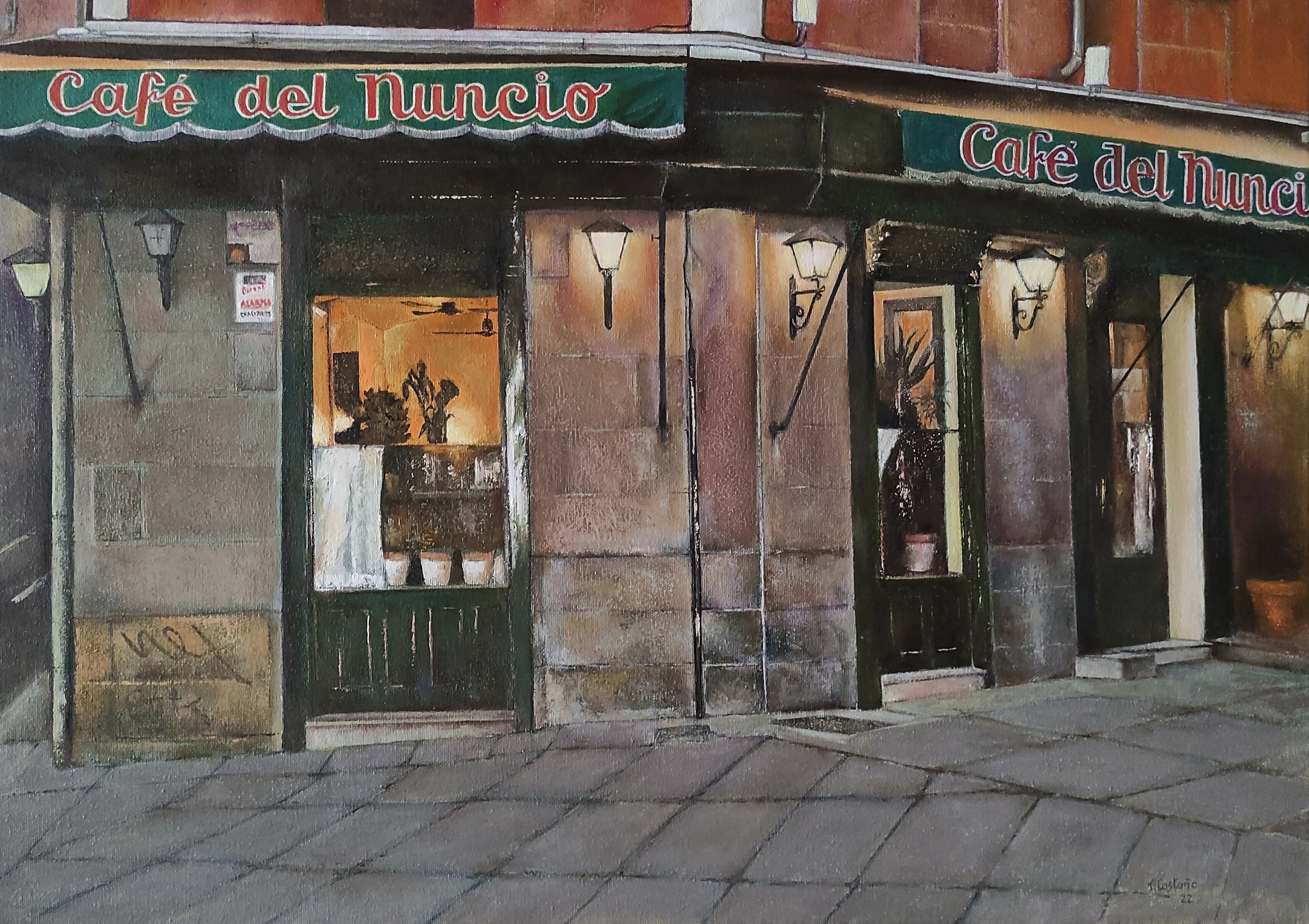 Cityscape Figurative Oil Painting Madrid-Café del Nuncio Tomas Castano