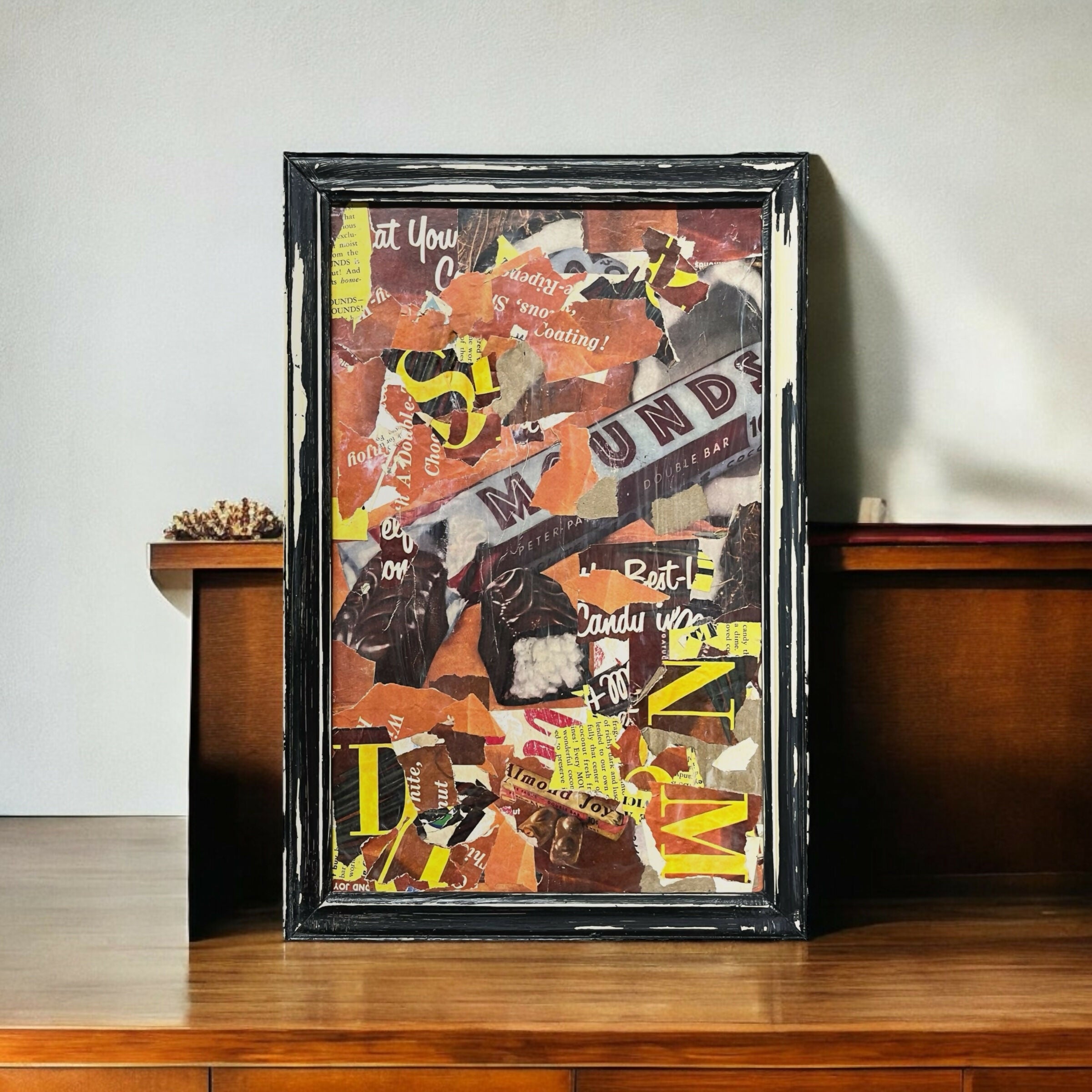 Abstract Collage Contemporary Mixed Media Painting Original Framed Mixed Media Abstract Art Collage 9x13 "1960s Mounds Candy Bar" Sam Lewis