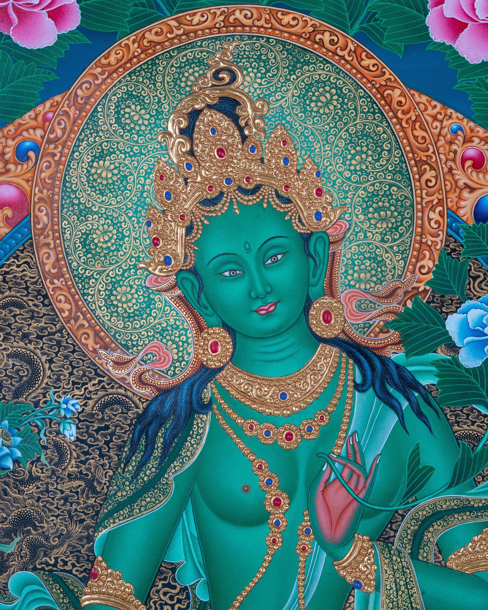 Design Figurative Painting Psychedelic Thanka Visionary 'GREEN TARA' Boudha Stupa Thanka Center